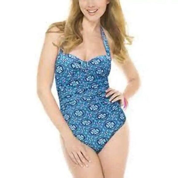 Spanx Assets Fiesta Tile Blue Pin Up Halter Shaping Slimming Swimsuit - Picture 1 of 10